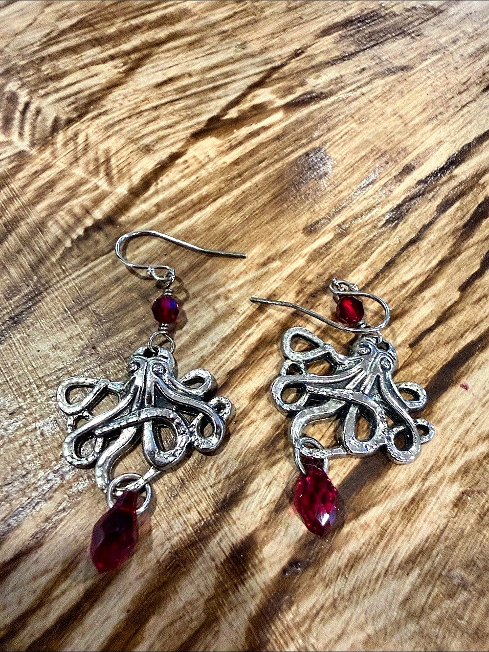 Filigree Drop Earrings in Silver & Red